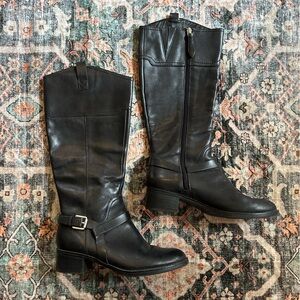 Franco Sarto Black Genuine Leather Tall Boots Equestrian Riding Zip Up